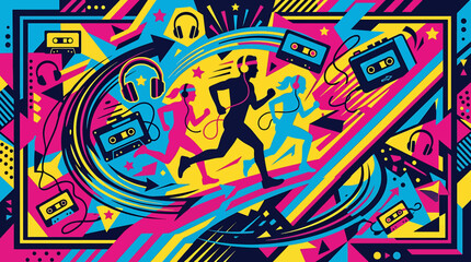 Fototapeta premium Vibrant illustration of a person running isolated on transparent background with colorful abstract shapes and bold lines
