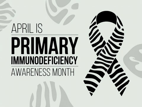 April is primary immunodeficiency awareness month with black and white zebra ribbon on gray background