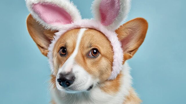 Nice Corgi dog wearing a white pink bunny ear poses against a pastel blue background. Happy Easter concept. Cute puppy portrait isolated on color. Spring greeting card. Dog dressed rabbit costume