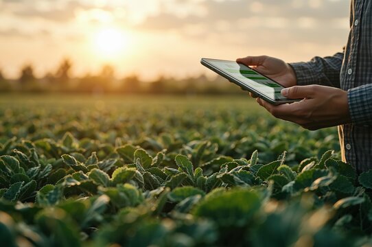 Farmer holding tablet on green field at sunset. Man using technology in agriculture, smart farming concept. Digital monitoring of crop growth for improved harvest and productivity.