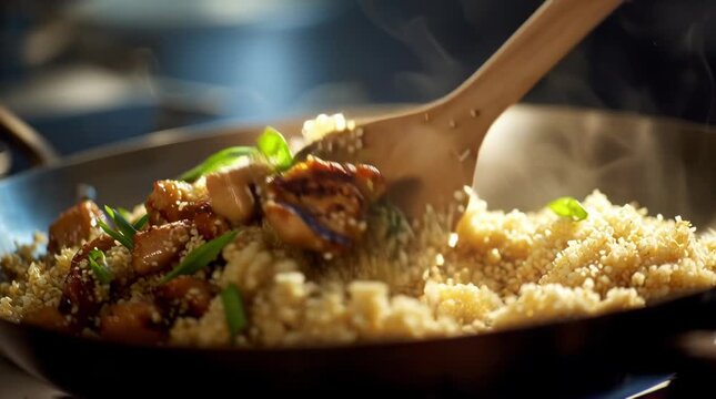 Chicken, sesame seeds and stir-fry cooking in a wok for delicious Asian cuisine with savory dish preparation using wooden spoon and fresh green onions. Food photography, culinary arts and gourmet