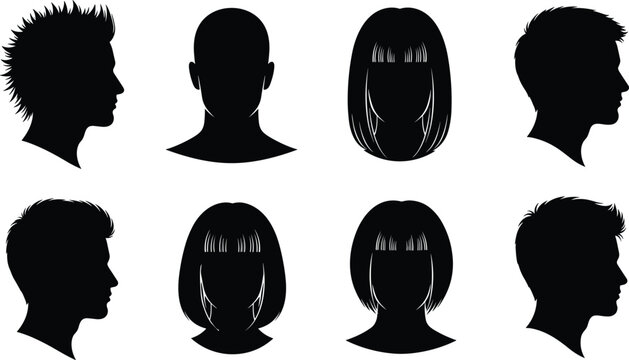Silhouettes of diverse human head profiles with spiky, straight, and short hairstyles, creative vector artwork, modern design illustration