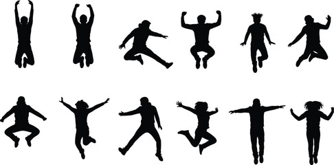Fototapeta premium Silhouettes of people jumping in energetic poses, creative vector artwork, modern design illustration, dynamic human motion graphics