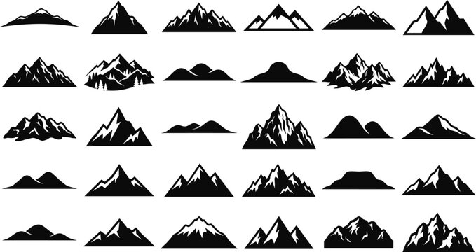 A set of mountain silhouettes in a vector line art design concept, featuring various mountain ranges and peaks in a bundle of iconic illustrations.