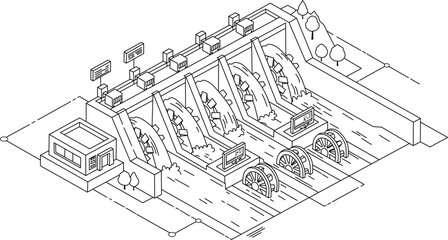 Fototapeta premium Technology dam line drawing of a hydroelectric dam with turbines for modern energy solutions, suitable for renewable energy concepts.