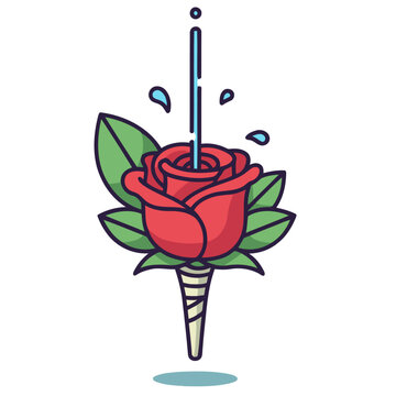 A playful illustration depicts a rose bouquet with a water squirting flower prank. Clean lines, vibrant colors, and a simple design make it ideal for marketing and social media.