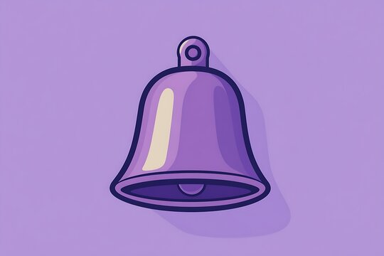 A cartoon-style illustration of a purple bell on a solid purple background with a subtle shadow effect