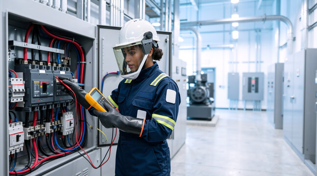 Female electrician testing industrial electrical panel with a multimeter. Professional technician in safety gear performing maintenance in a power facility. Electrical engineering. Copy space for text