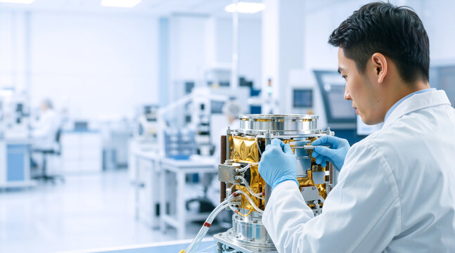 Asian male engineer assembling a satellite component in a high tech laboratory. Scientist in lab coat working on aerospace technology. Advanced electronics manufacturing. Copy space for text