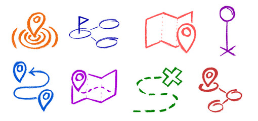 Route Location Related Icons Crayon Chalk Drawing Doodle Vector Set © Grunge Designs