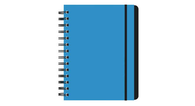 A blue notepad with spiral binding and a black elastic band for easy use and portability