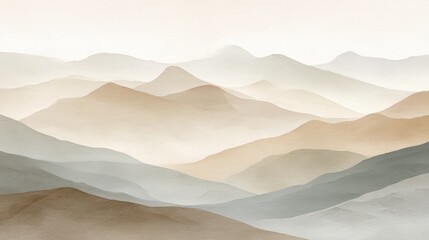 Naklejka premium A serene watercolor landscape of layered mountains in soft, neutral earth tones, evoking a sense of calm and depth.