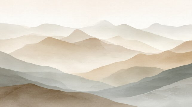 A serene watercolor landscape of layered mountains in soft, neutral earth tones, evoking a sense of calm and depth.