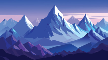 Fototapeta premium A serene panoramic view of sharp snow capped mountain peaks rising against a soft twilight sky