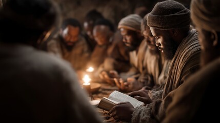 Obraz premium Believers gather in a house church under warm lamplight, praying, reading scripture, and encouraging one another in a peaceful and nurturing spiritual atmosphere. 