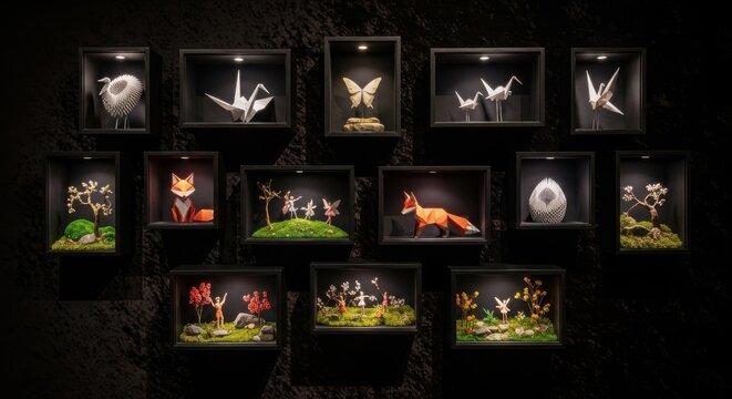 Intricate origami art pieces showcased in illuminated wall-mounted shadow boxes, creating a magical display of miniature scenes and figures.