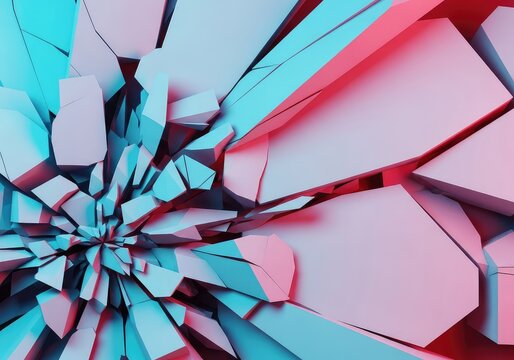 Abstract geometric background featuring sharp, fractured shards and broken planes dissolving into chaotic disruption and digital dispersal, shards, futuristic, dispersal
