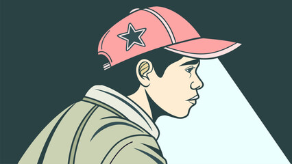 Casual boy in baseball cap, side profile portrait, minimalist flat vector illustration for youth fashion, character design, and everyday lifestyle themes. © yossi