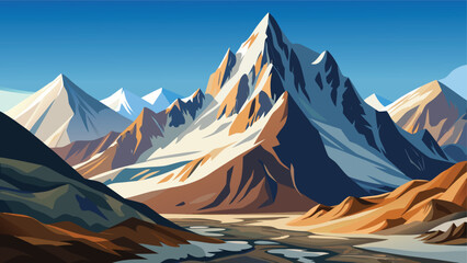 Fototapeta premium A digital illustration of a majestic snow-capped mountain range under a clear blue sky atmosphere