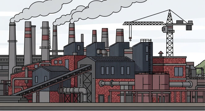 Industrial Complex with Smokestacks and Crane Illustration.