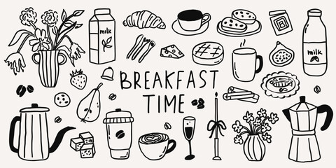 Set of whimsical card with breakfast coffee line art doodle sketch. Whimsy lunch with croissant, coffee cup, french brunch coquette. Vector whimsy outline illustration