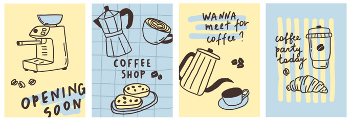 Set of whimsical coffee cafes card. Hot drink cup, coffee shop and croissant breakfast banner. Espresso, cappuccino hand drawn line art poster template. Vector whimsy illustration