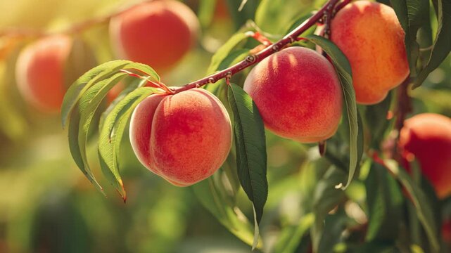 Ripe peach fruits growing on a tree branch. Peaches in a fruit garden orchard. Extreme closeup. August banner. Harvest time. Summer produce for sale, juicy seasonal natural sweet food ready for market