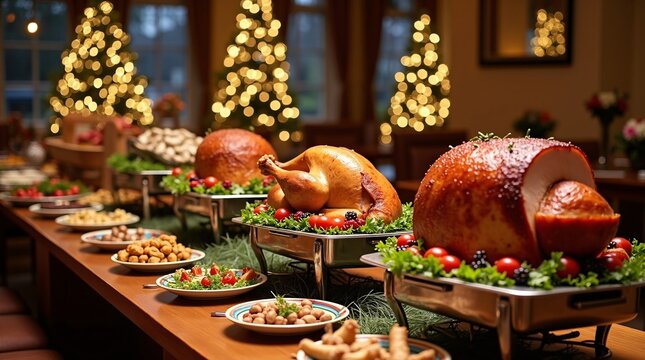 A lavish holiday feast spreads across a wooden table, featuring a golden roasted turkey, glazed ham, and an array of side dishes, with glowing Christmas trees in the background creating a warm, festiv