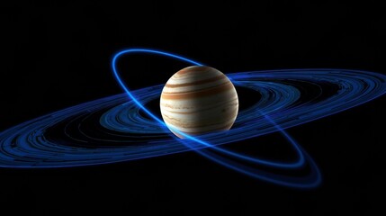 Fototapeta premium Planet with rings visible. Striking contrast between light, dark areas. Rings appear bright blue against black background. Space scene.