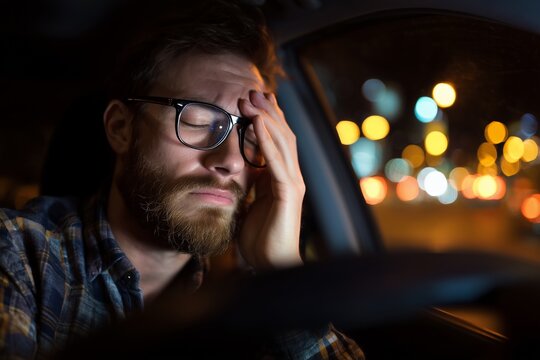 Man sitting in car looking tired at night