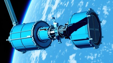 Fototapeta premium Space station modules connected, orbiting Earth. Blue cylinders visible against planet, clouds. Futuristic design, technology present.