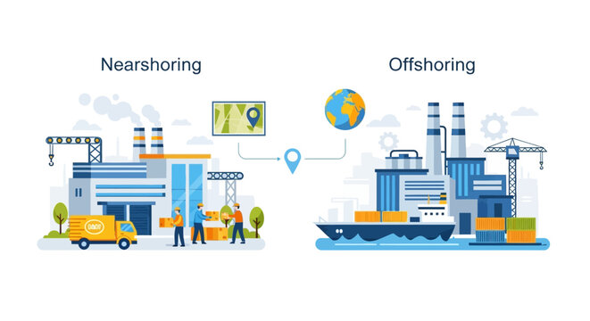 Nearshoring vs Offshoring Business Strategy Illustration: Global Manufacturing, Supply Chain Logistics, and Production Models