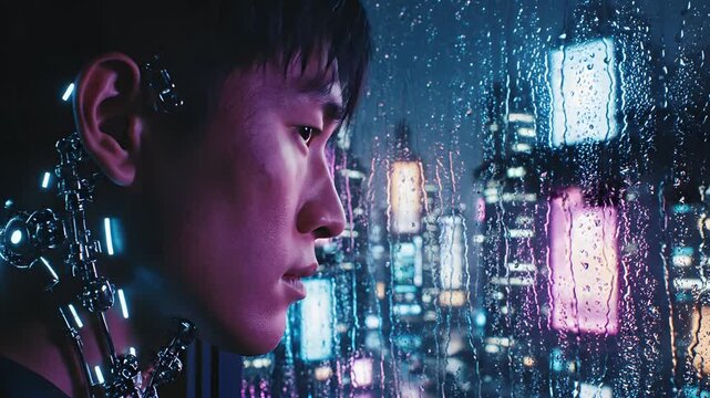 Future cybernetic man gazes at rain-streaked neon city skyline, cinematic sci-fi atmosphere with glowing mechanical ear implant, dystopian urban isolation concept