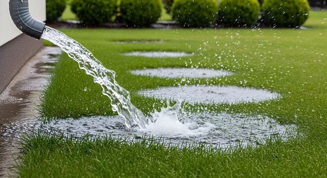 Water flowing from a drainpipe onto a green lawn on transparent background