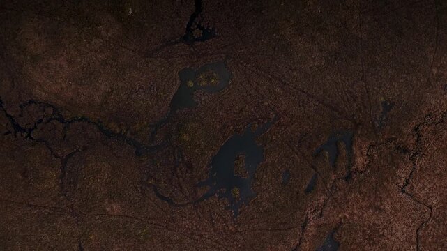 Drone video of textured moorland terrain in the Scottish Highlands with earthy patterns and small dark pools creating an abstract natural background 