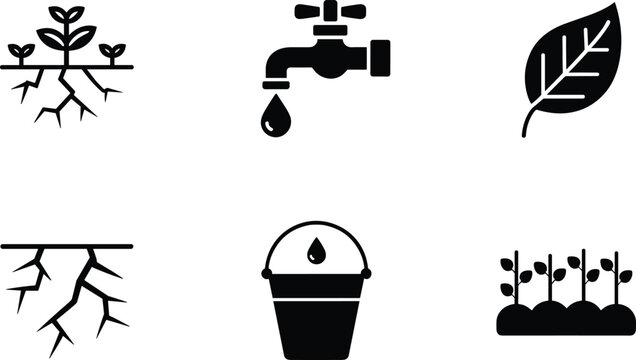 Plant growth irrigation icons, roots leaf water faucet bucket, farming cultivation symbols, black white agriculture design, gardening care illustration art