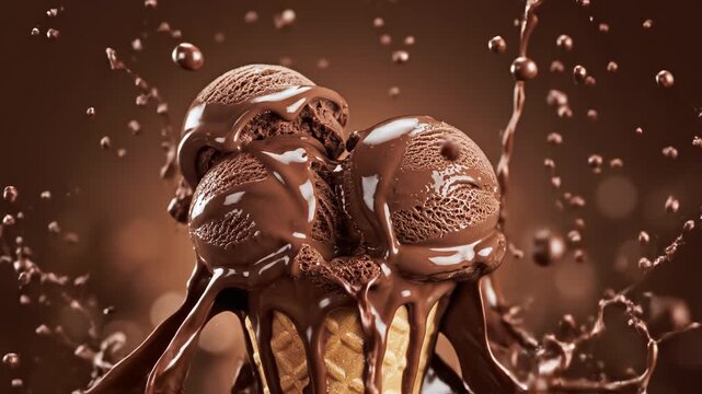 Chocolate ice cream splash in cone