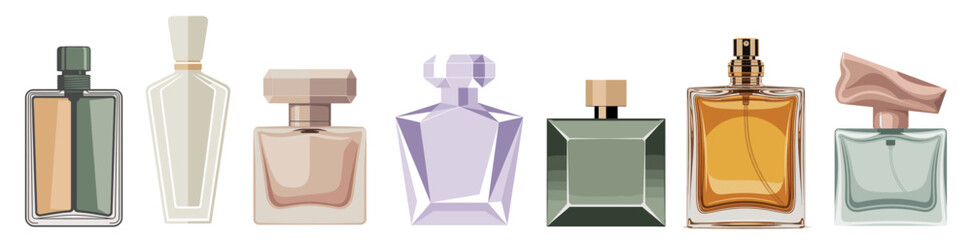 Six perfume bottles display elegant, modern designs. Soft pastel hues reflect luxury and sophistication. Each bottle features unique shapes and glass finishes. Ideal for beauty, fashion