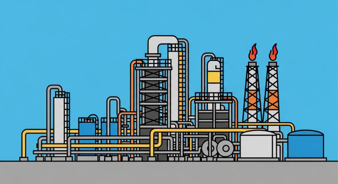 Industrial Plant Illustration - Complex Refinery with Towers and Flames.