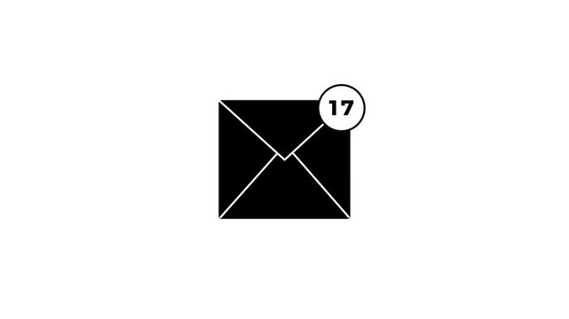Envelope notification count grows from one to ninety nine, symbolizing many unread messages with motion graphic design 4k video animation.