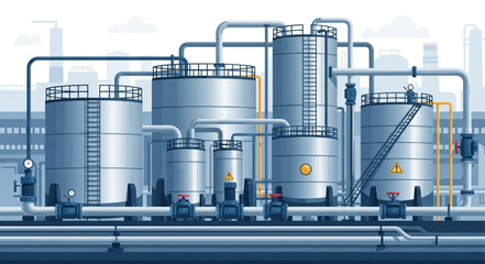 Obraz premium Industrial Plant Illustration - Tanks, Pipes, and Infrastructure.