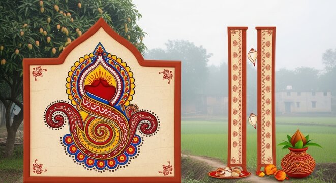 Traditional Indian Wedding Ceremony Decor with Kalash and Mango Tree isolated on Transparent Background