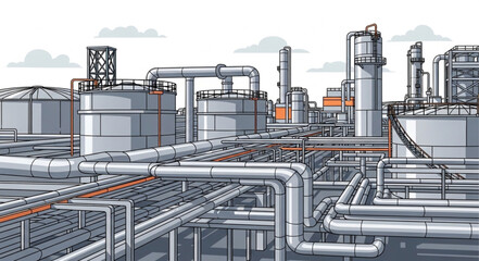 Fototapeta premium Industrial Plant Illustration - Tanks, Pipes, and Towers in Detailed View.