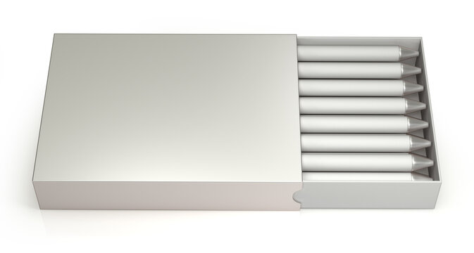 Set of white ballpoint pens knock type packaged in open carboard silver box. 3d illustration on white background