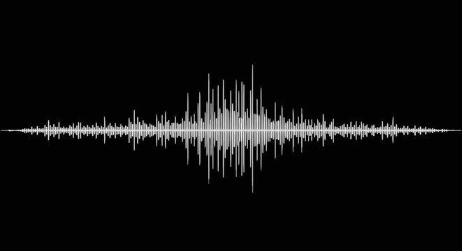 Dynamic digital audio waveform or sound equalizer graphic, representing music, frequency, or voice, white lines on an isolated black background.