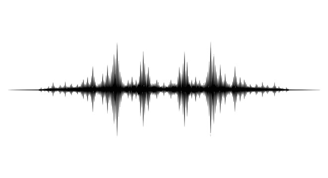 Dynamic digital audio waveform or sound equalizer graphic, representing music, frequency, or voice, black lines on an isolated white background.