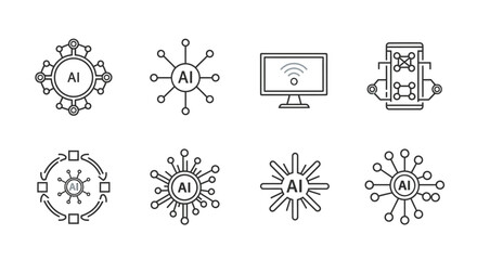 Fototapeta premium Artificial Intelligence AI Technology Icons Set with Network, Monitor, Data Processing isolated white background