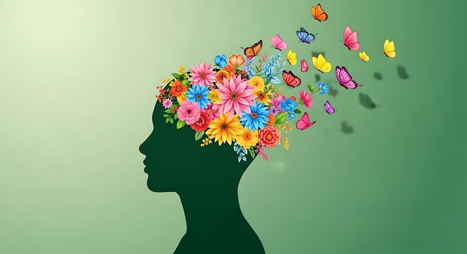 A creative illustration of a human head filled with colorful flowers and butterflies flying out, symbolizing imagination and freedom on a green background