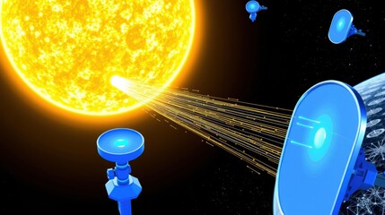 Fototapeta premium Solar radiation impacts multiple space telescopes. Bright sun emits energy toward detectors. Dark background shows vast cosmos.