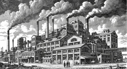 Industrial Revolution Era Factory with Smoking Chimneys and Workers. © Nayla